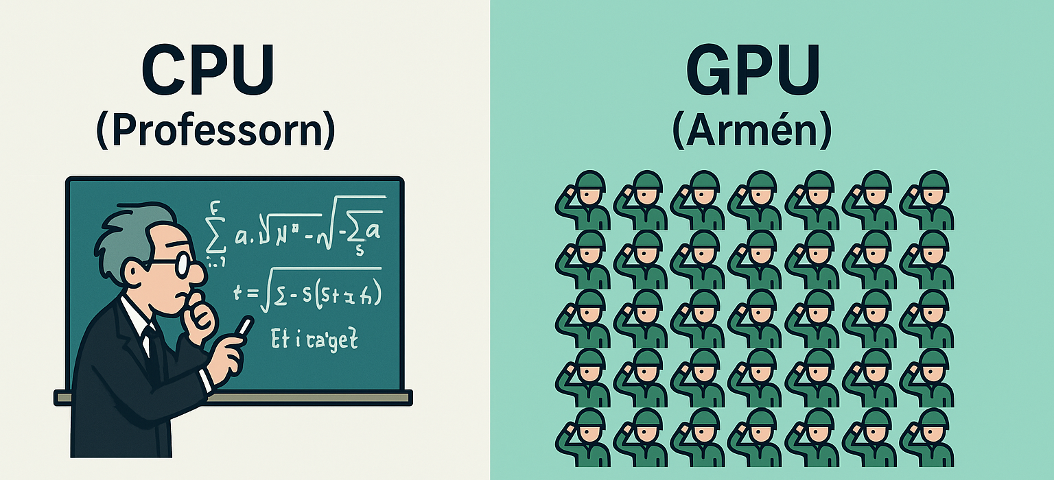 Illustration av en professor (CPU) bredvid en armé (GPU)