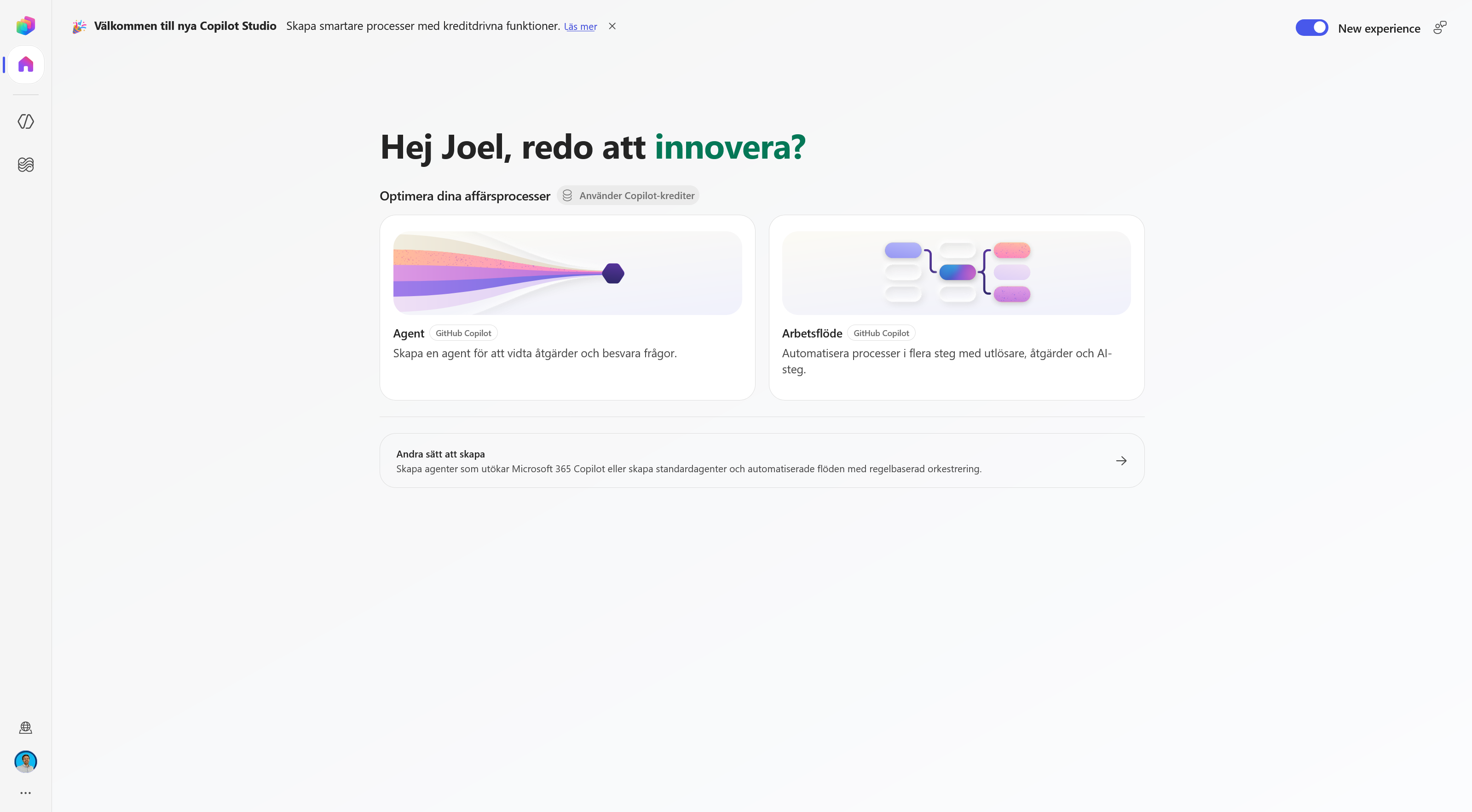 Copilot Studios startsida där alternativet Agent är markerat