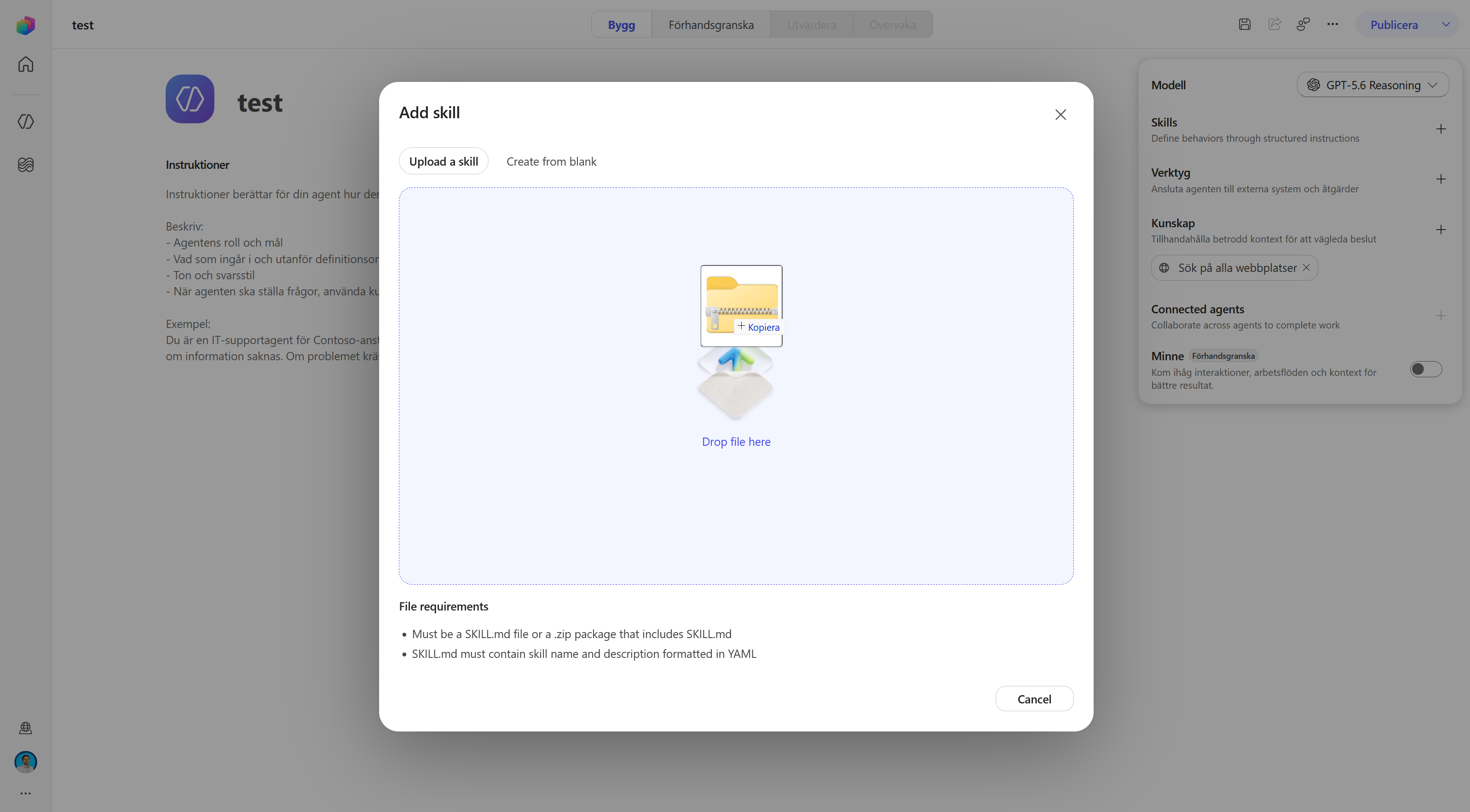 ZIP-paketet för Agent Harness Explorer dras till uppladdningsytan