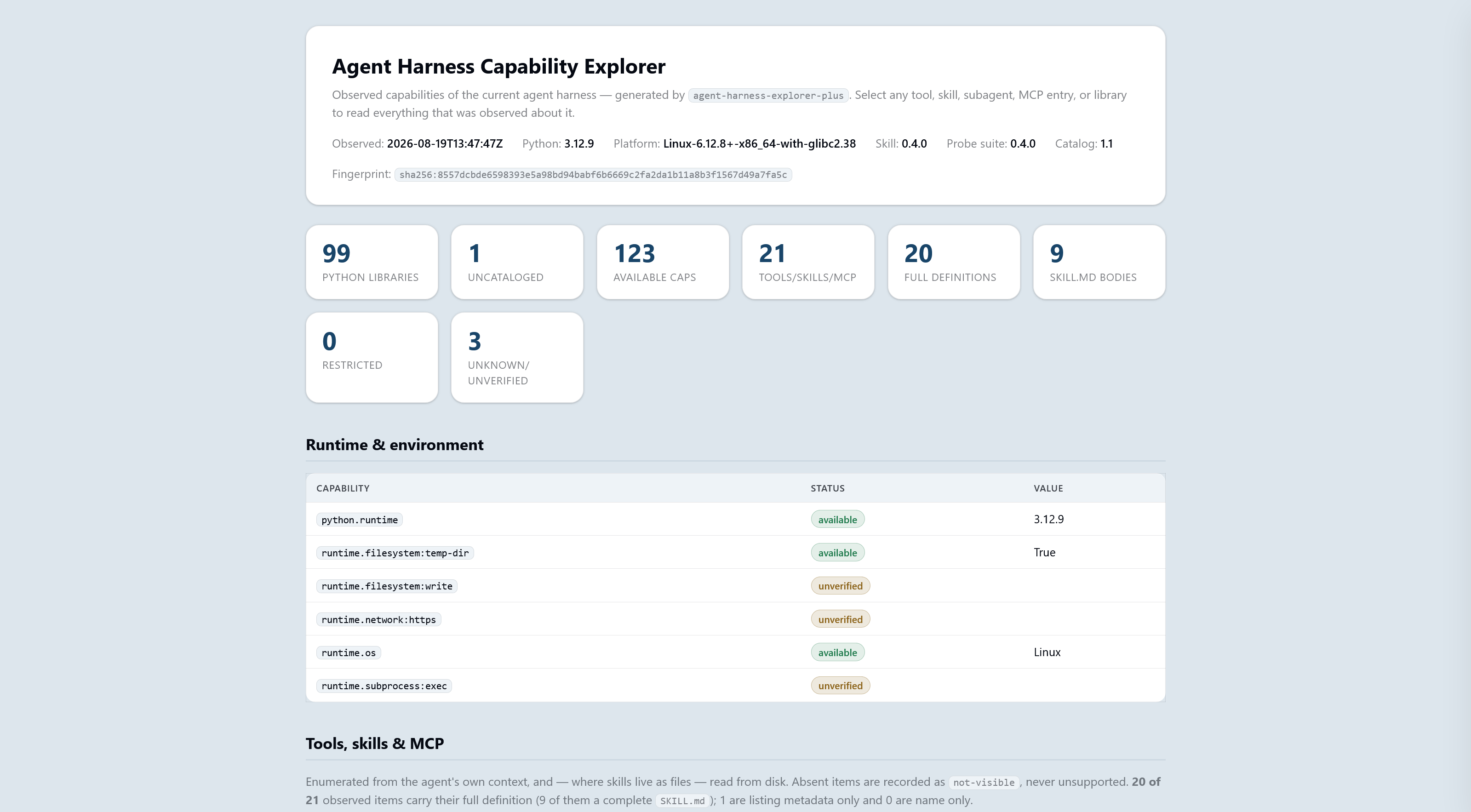 Den färdiga Agent Harness Capability Explorer-rapporten öppnad i webbläsaren
