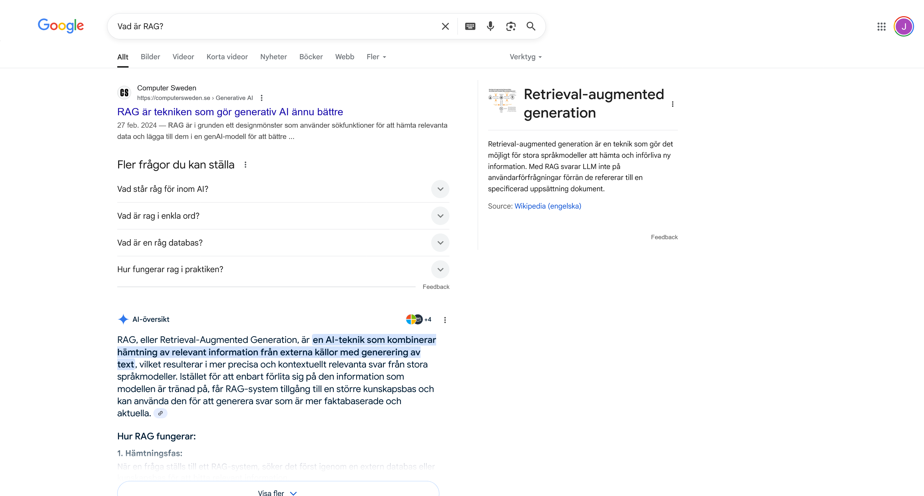 Google-sökning på 'Vad är RAG?'