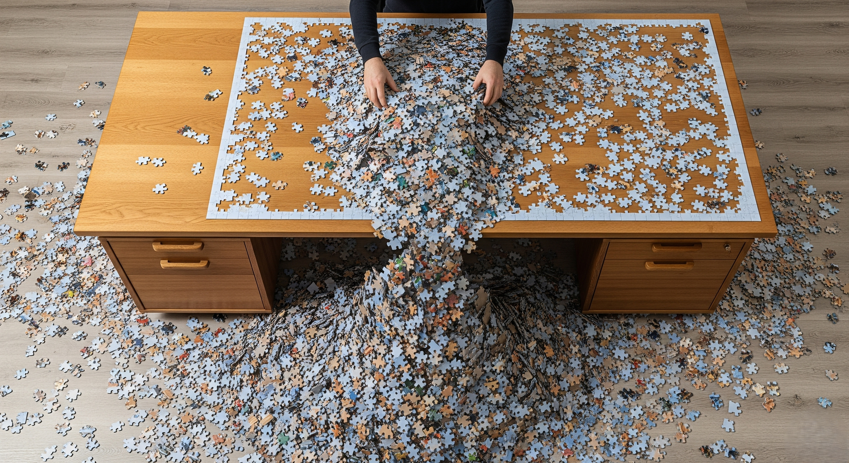 Ett litet skrivbord där inte alla pusselbitar får plats.