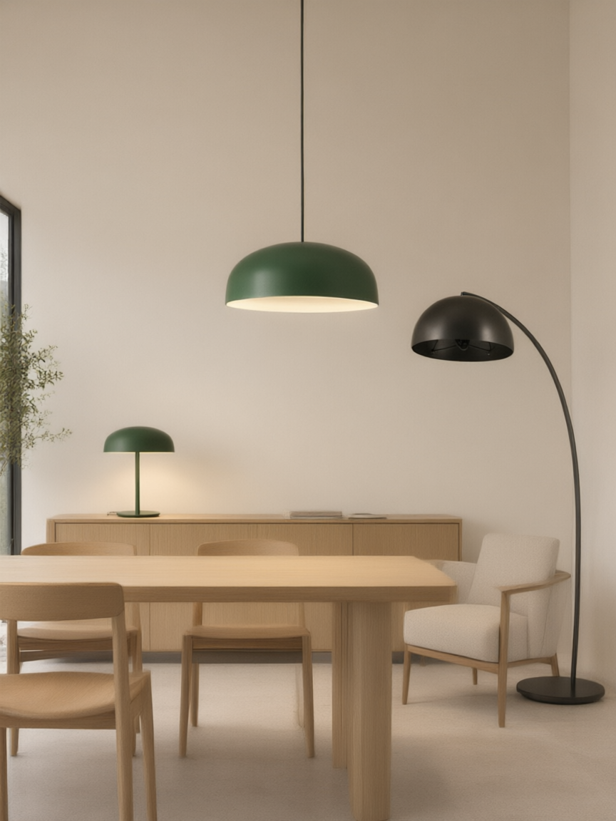 Ett varmt inrett rum med bordslampa, pendellampa och golvlampa från Lyserno
