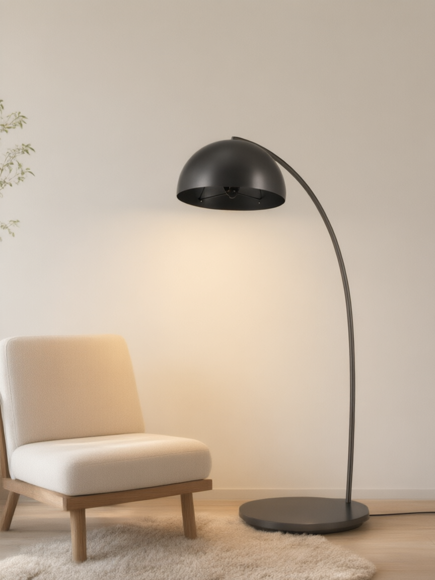 Svart golvlampa i en lugn loungemiljö