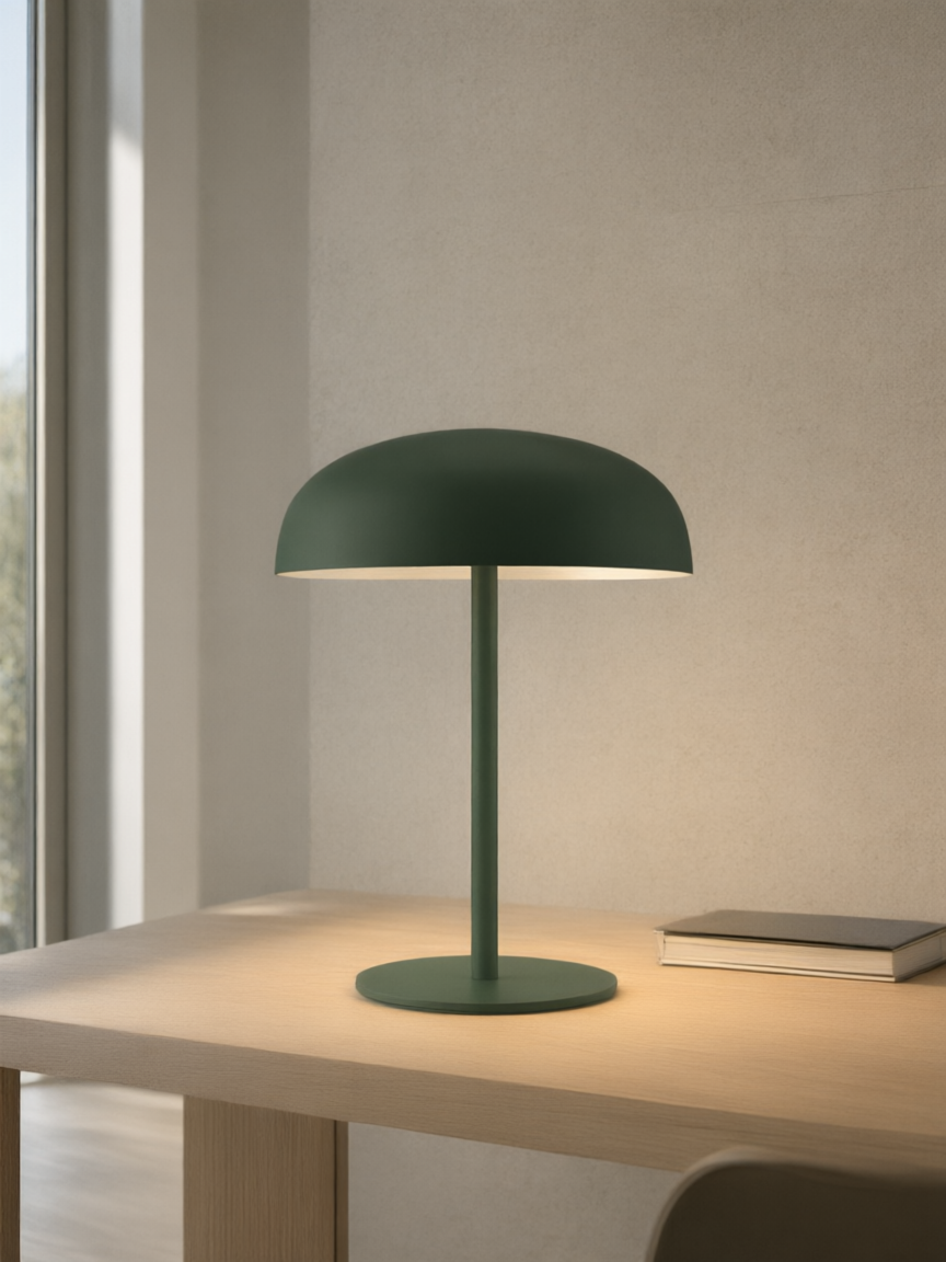 Grön bordslampa i en ljus arbetsmiljö